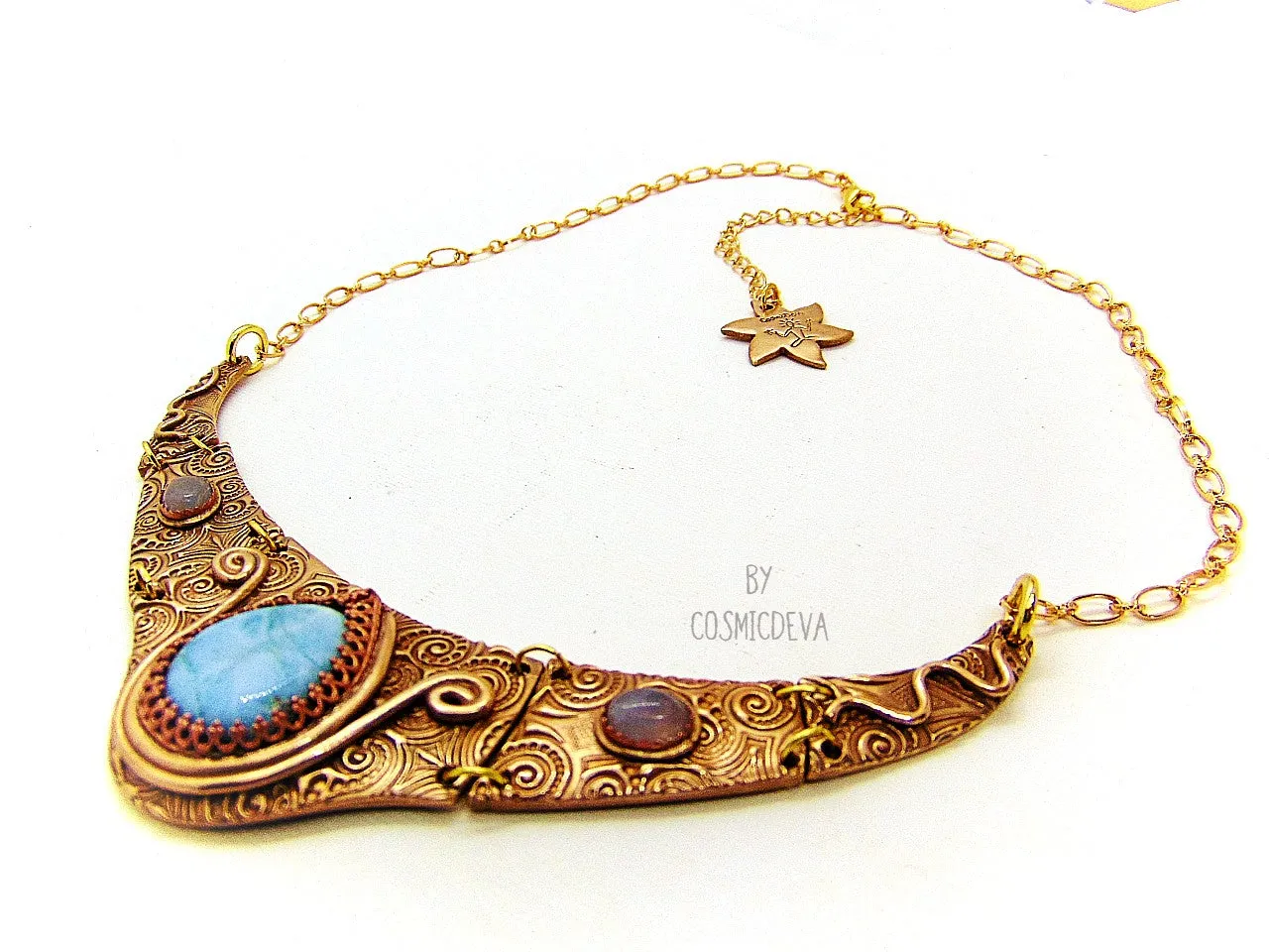 1165# Ancient Style Choker Collar With Larimar Gold Bronze Necklace