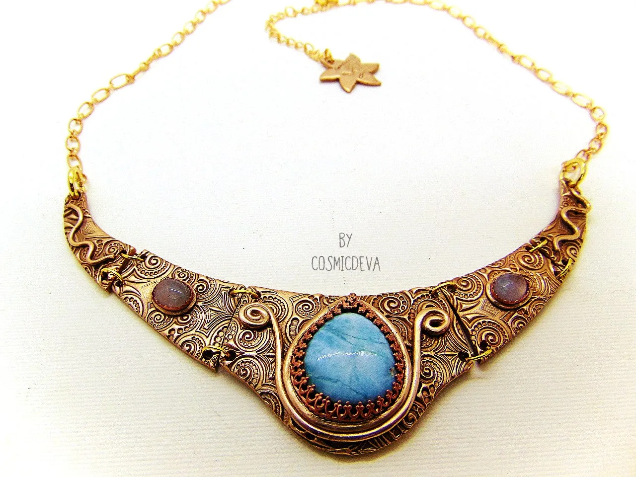 1165# Ancient Style Choker Collar With Larimar Gold Bronze Necklace