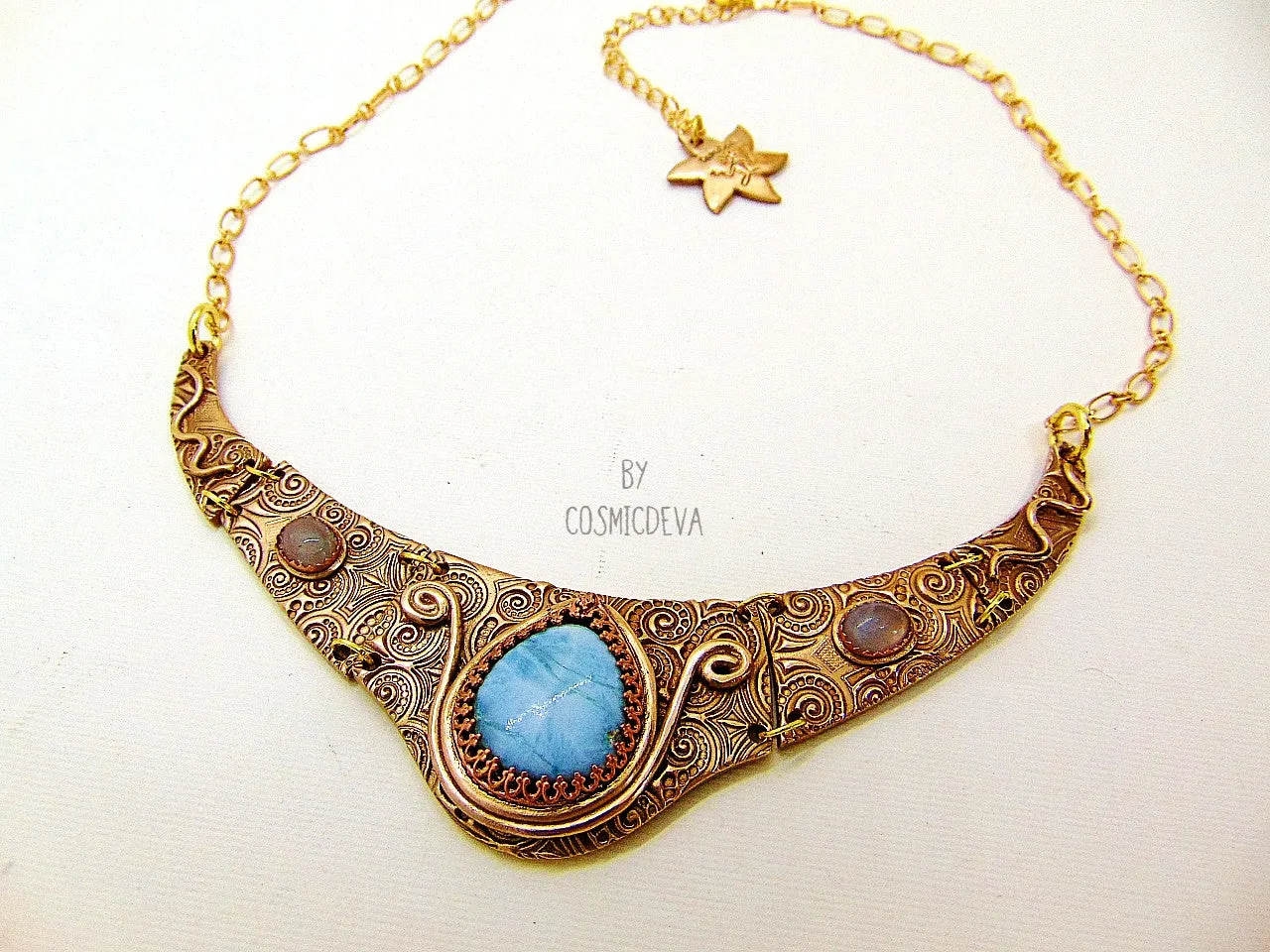 1165# Ancient Style Choker Collar With Larimar Gold Bronze Necklace