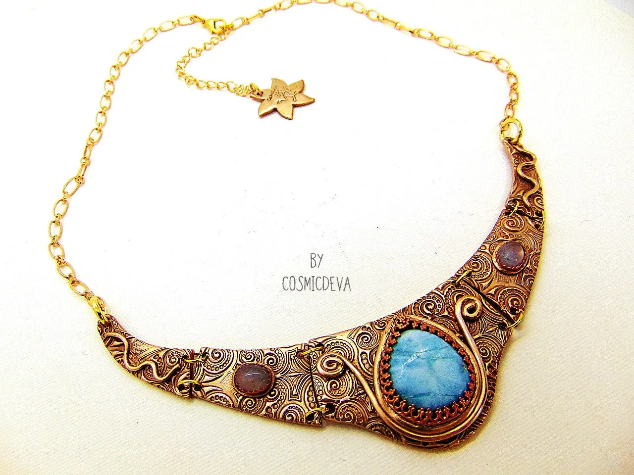 1165# Ancient Style Choker Collar With Larimar Gold Bronze Necklace