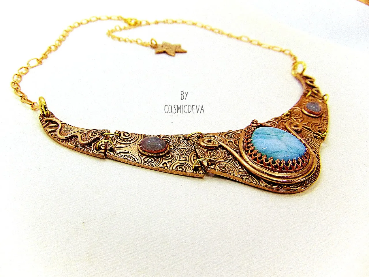 1165# Ancient Style Choker Collar With Larimar Gold Bronze Necklace