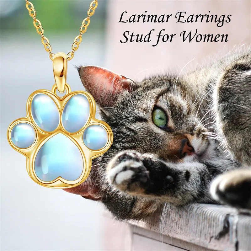 14K Solid Gold Dog Paw Pendant Necklace with Moonstone Solid Gold Jewelry Gift for Women