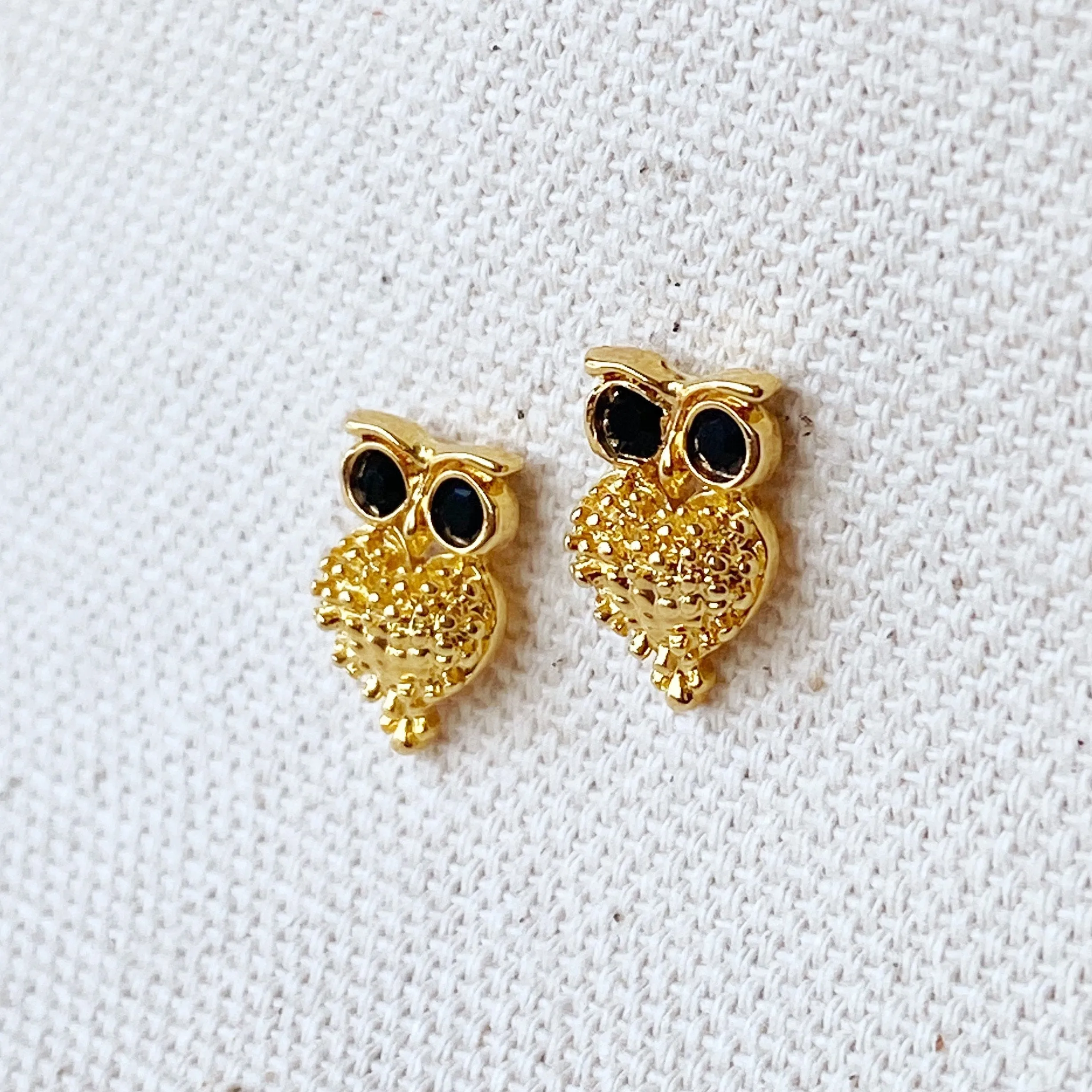 18k Gold Filled Owl Black Crystal Eyes Stud Earrings