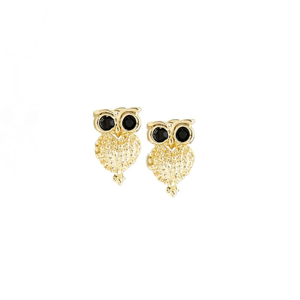 18k Gold Filled Owl Black Crystal Eyes Stud Earrings