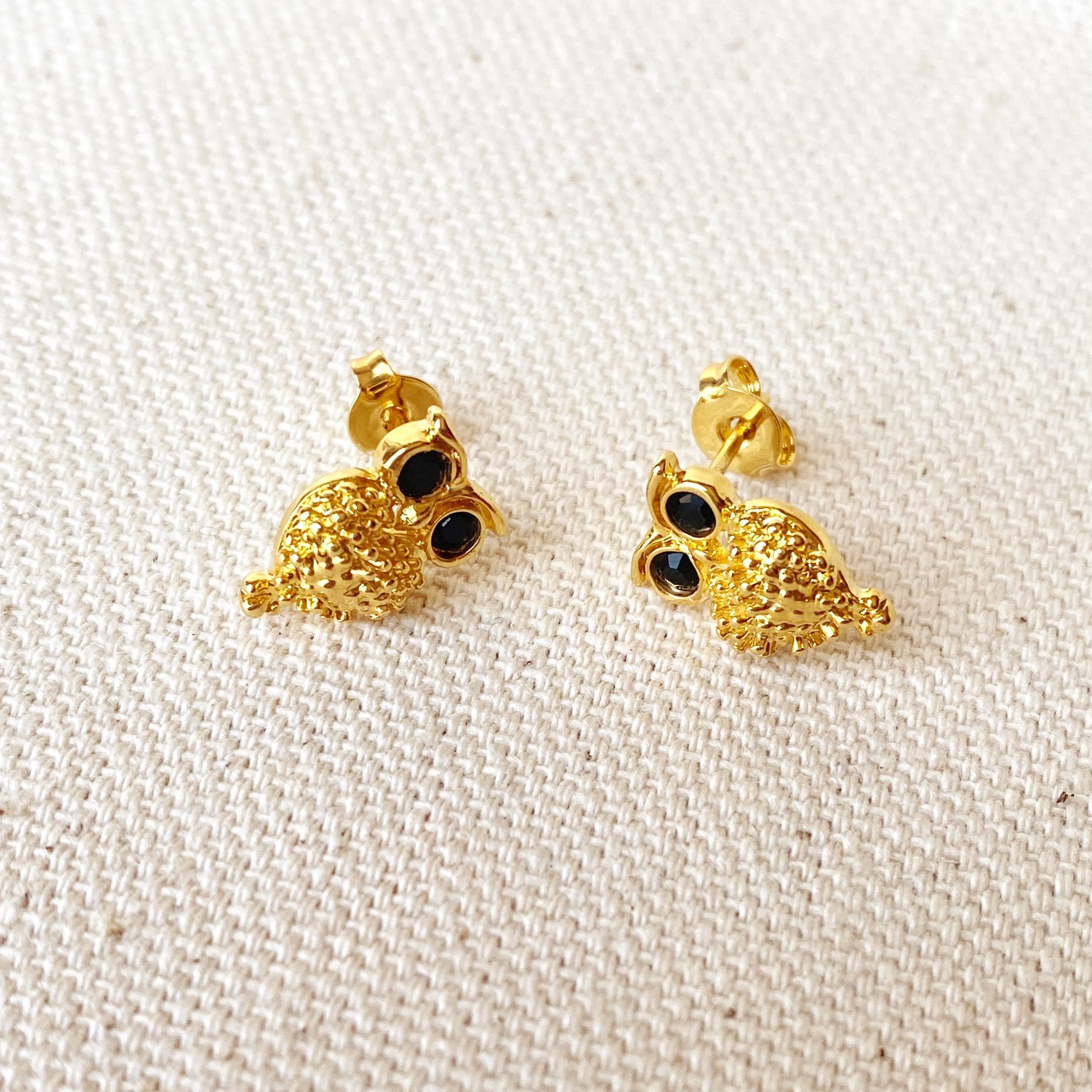 18k Gold Filled Owl Black Crystal Eyes Stud Earrings