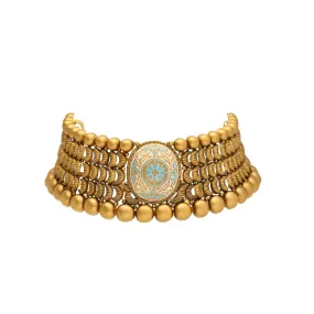 22K Yellow Antique Gold Choker Set W/ Blue & White Meena Center