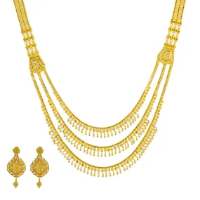 22K Yellow Antique Gold Long Necklace & Earrings Set W/ Emeralds, Rubies, CZ & Large Ornate Pendant