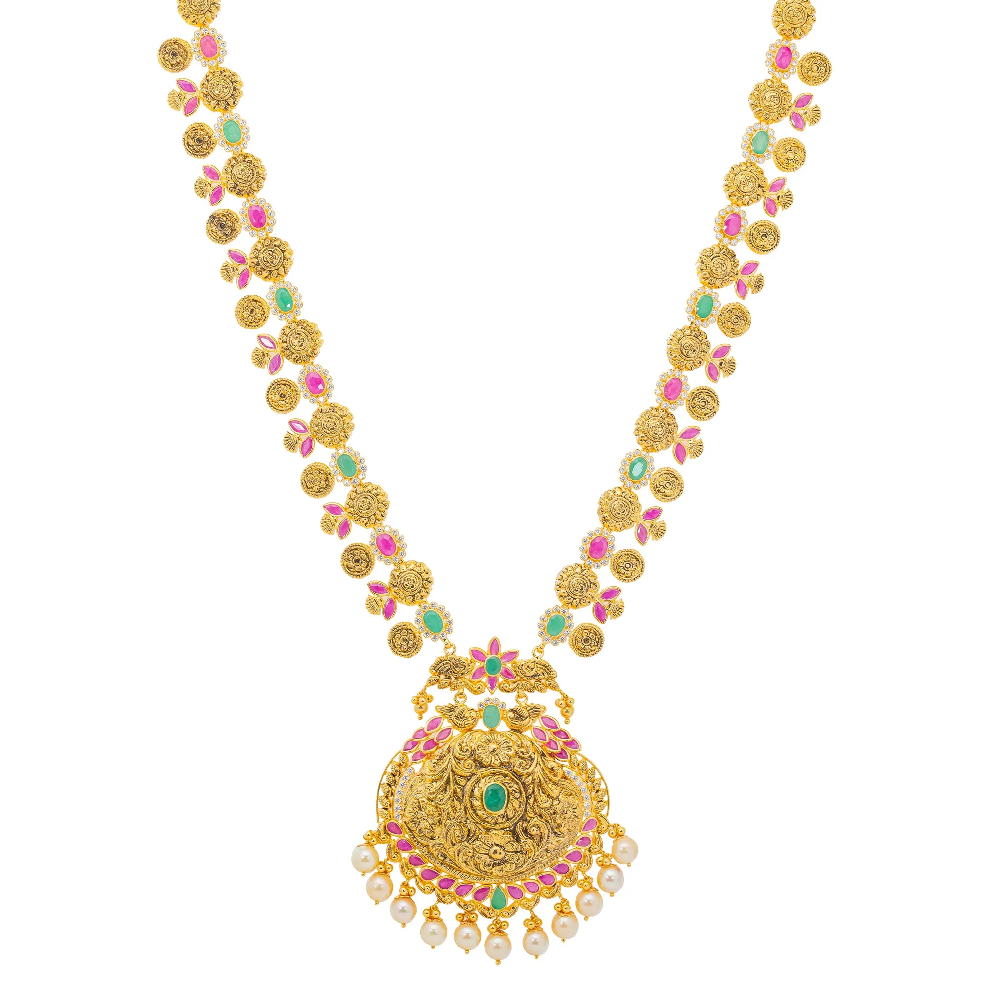 22K Yellow Gold & Multi-Stone Long Temple Necklace (74.7gm)