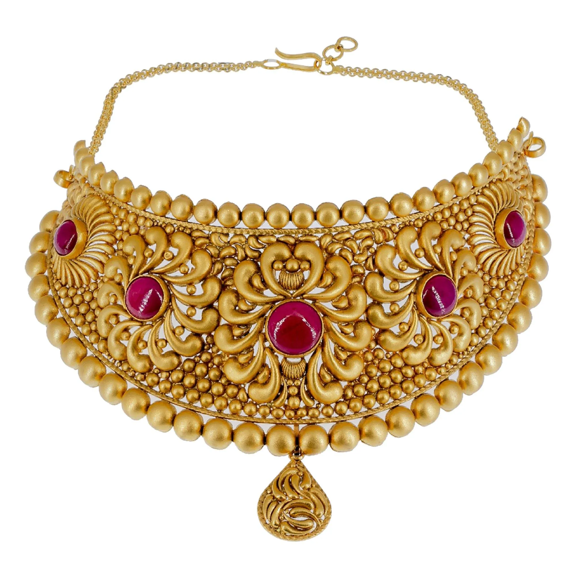 22K Yellow Gold Antique Choker Set W/ Rubies & Matte Finished Raised Design