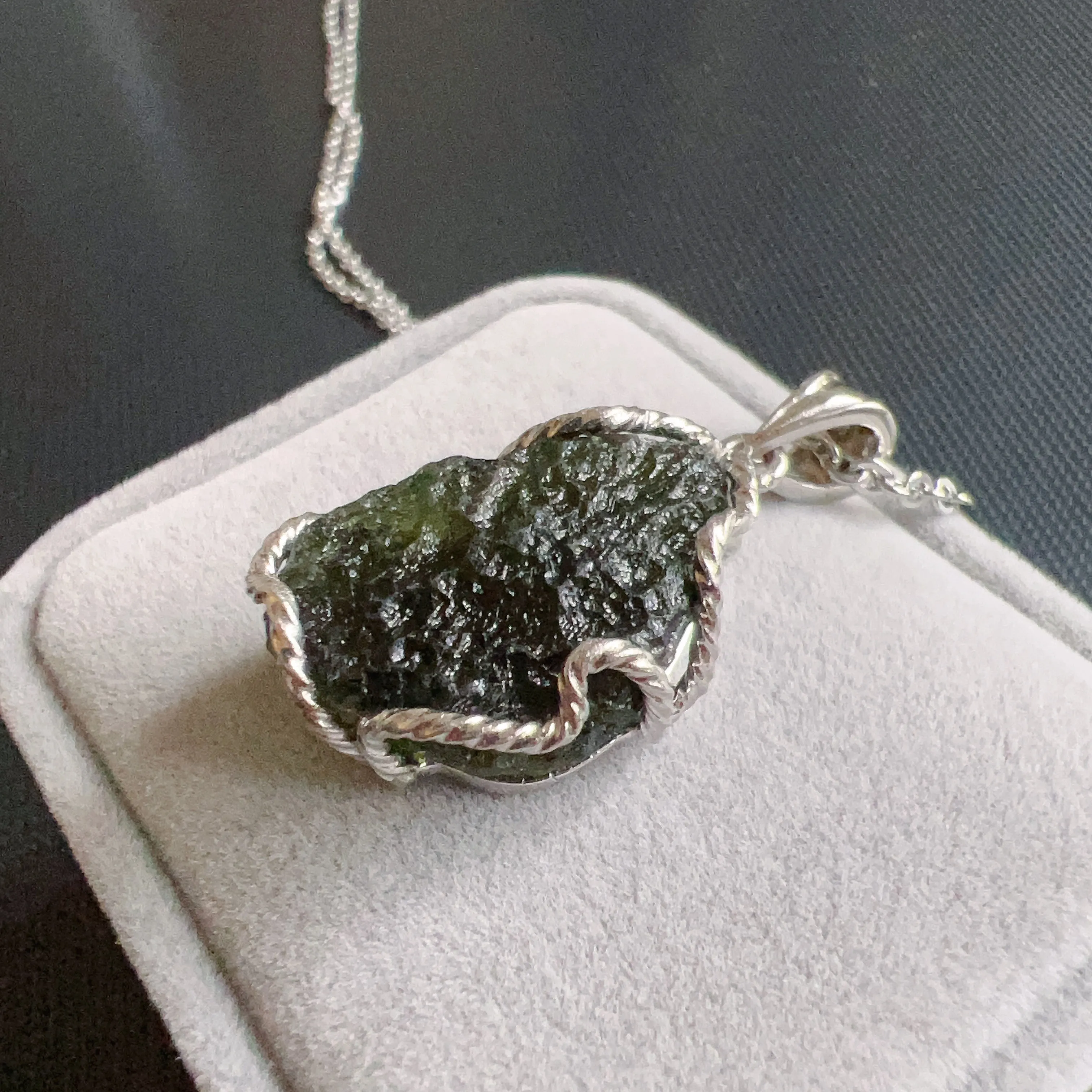 7.1g Natural Czech Moldavite Raw Stone Pendant Necklace | Top-quality Green | Rare High-vibration Heart Chakra Healing Stone