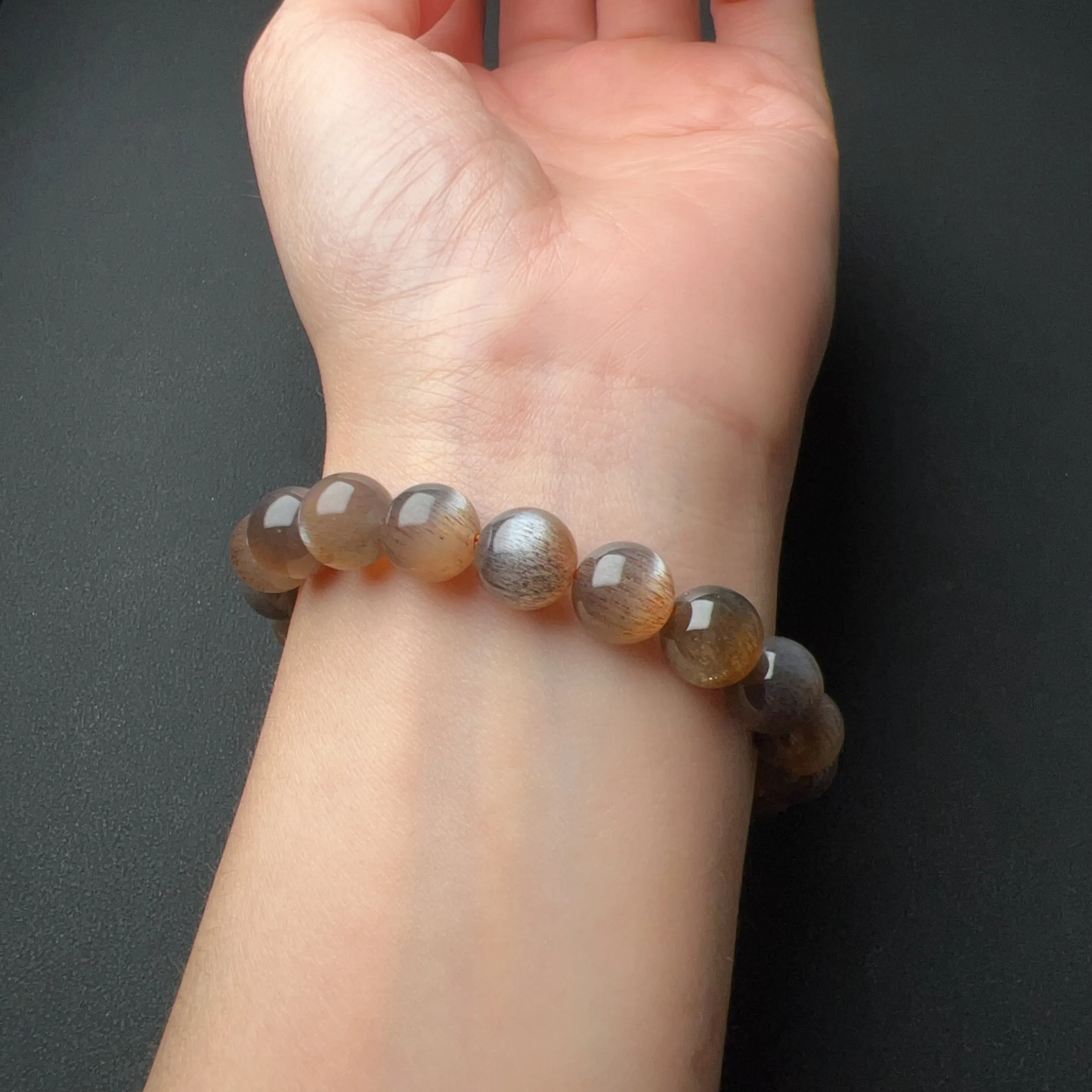 9.5mm High-quality Golden Black Skeleton with Sunstone Inclusion Crystal Bracelet | Handmade Root and Sacral Chakra Healing Crystal Jewelry