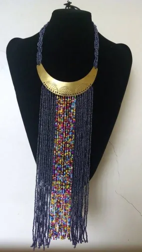 African multi strand necklace, Statement necklace, Dark Blue and Gold Plated Fringe tie necklace, Maasai jewelry