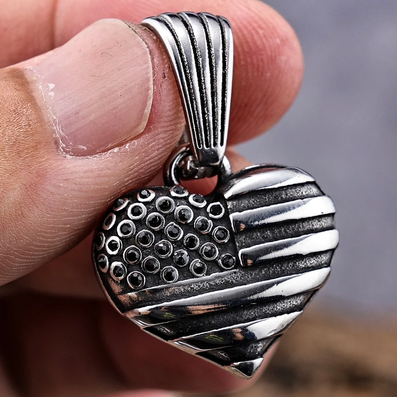 American Flag Heart - 3D Stainless - Pendant - Rope Necklace or Omega - 303