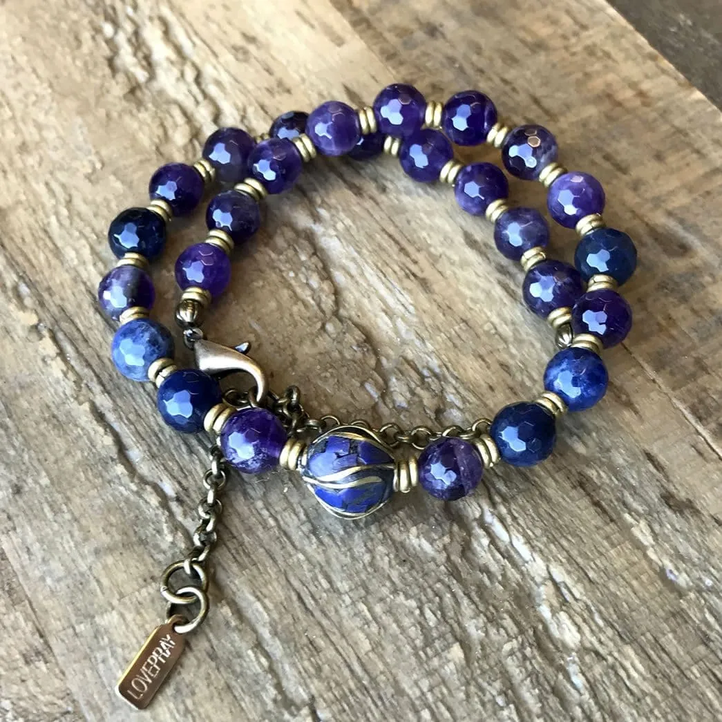 Amethyst and Sodalite Mala Choker or Wrap Mala Bracelet for Healing