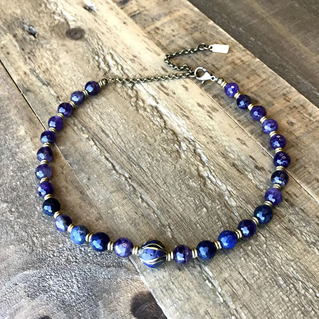 Amethyst and Sodalite Mala Choker or Wrap Mala Bracelet for Healing