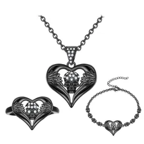 Angel Heart and Punk Skull Crystal Necklace, Bracelet & Ring Fashion Black Jewelry Set