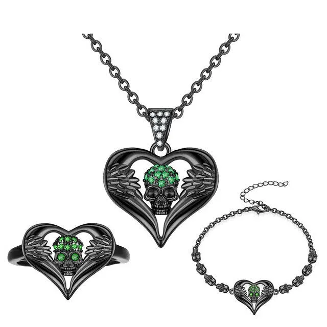 Angel Heart and Punk Skull Crystal Necklace, Bracelet & Ring Fashion Black Jewelry Set