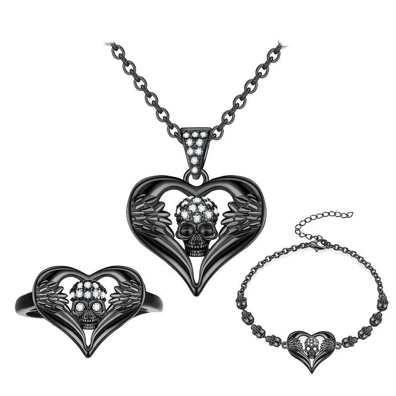 Angel Heart and Punk Skull Crystal Necklace, Bracelet & Ring Fashion Black Jewelry Set