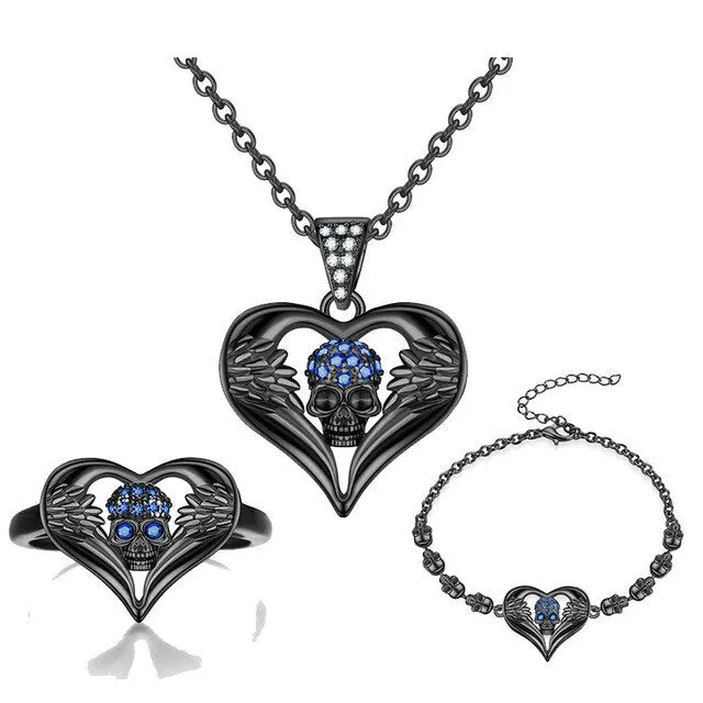 Angel Heart and Punk Skull Crystal Necklace, Bracelet & Ring Fashion Black Jewelry Set