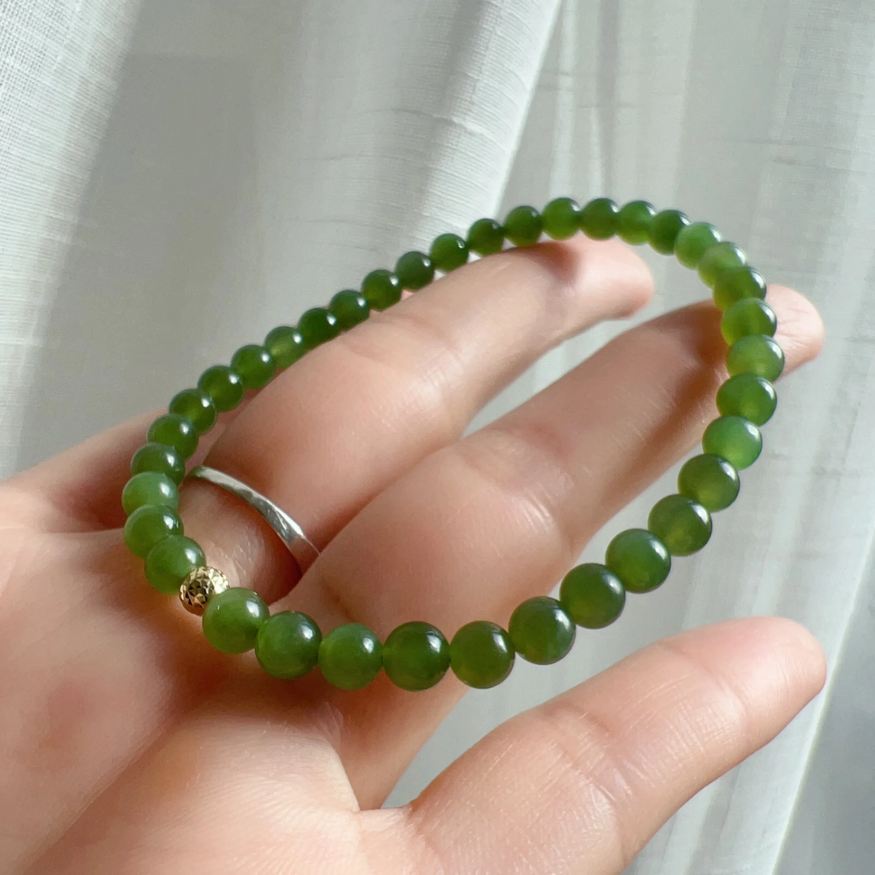 Apple Green Nephrite Jade Bracelet 5mm Beads with 18K Yellow Gold Faceted Bead | Natural Heart Chakra Healing Stone Jewelry