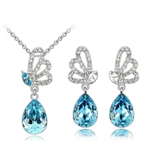 Austrian Crystal Butterfly and Dewdrop Necklace & Earrings Jewelry Set