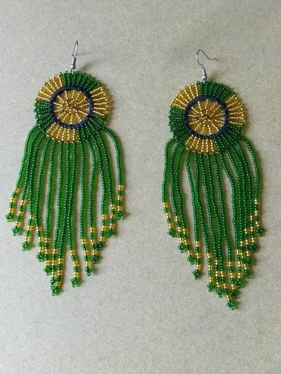 Beaded Tassel earrings, African earrings, Green Fringe Beaded earrings, Maasai jewelry