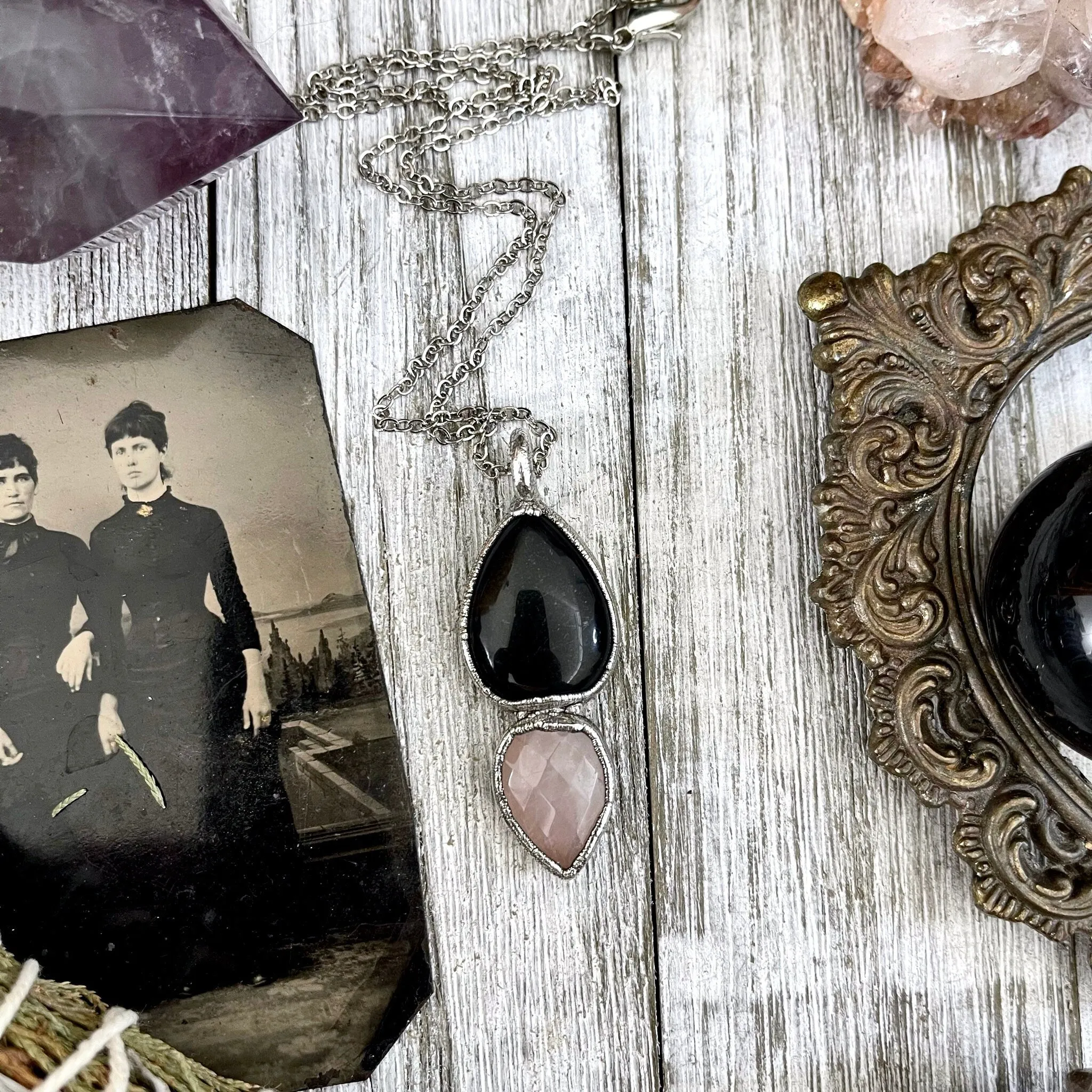 Black Onyx and Rose Quartz Necklace  / Gothic Jewelry