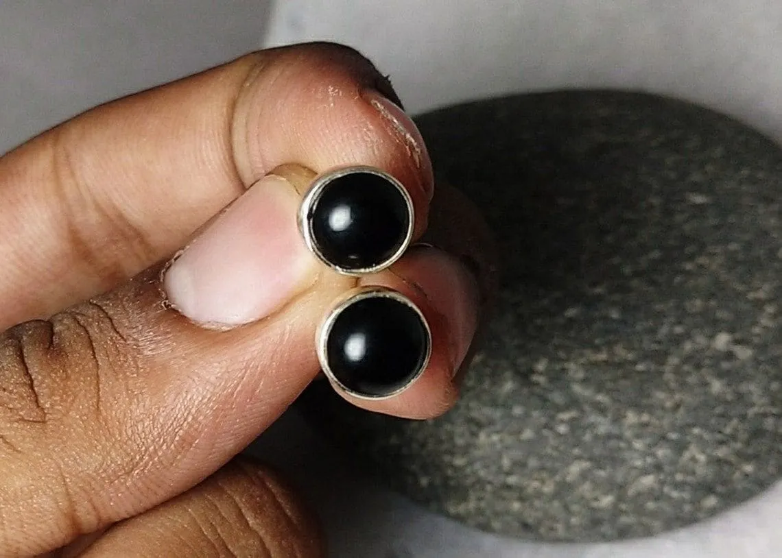 Black Onyx Silver Studs, 925 Sterling Silver Jewelry, Stud Earrings, Black Earrings, Black Stone Earrings, Round Studs,