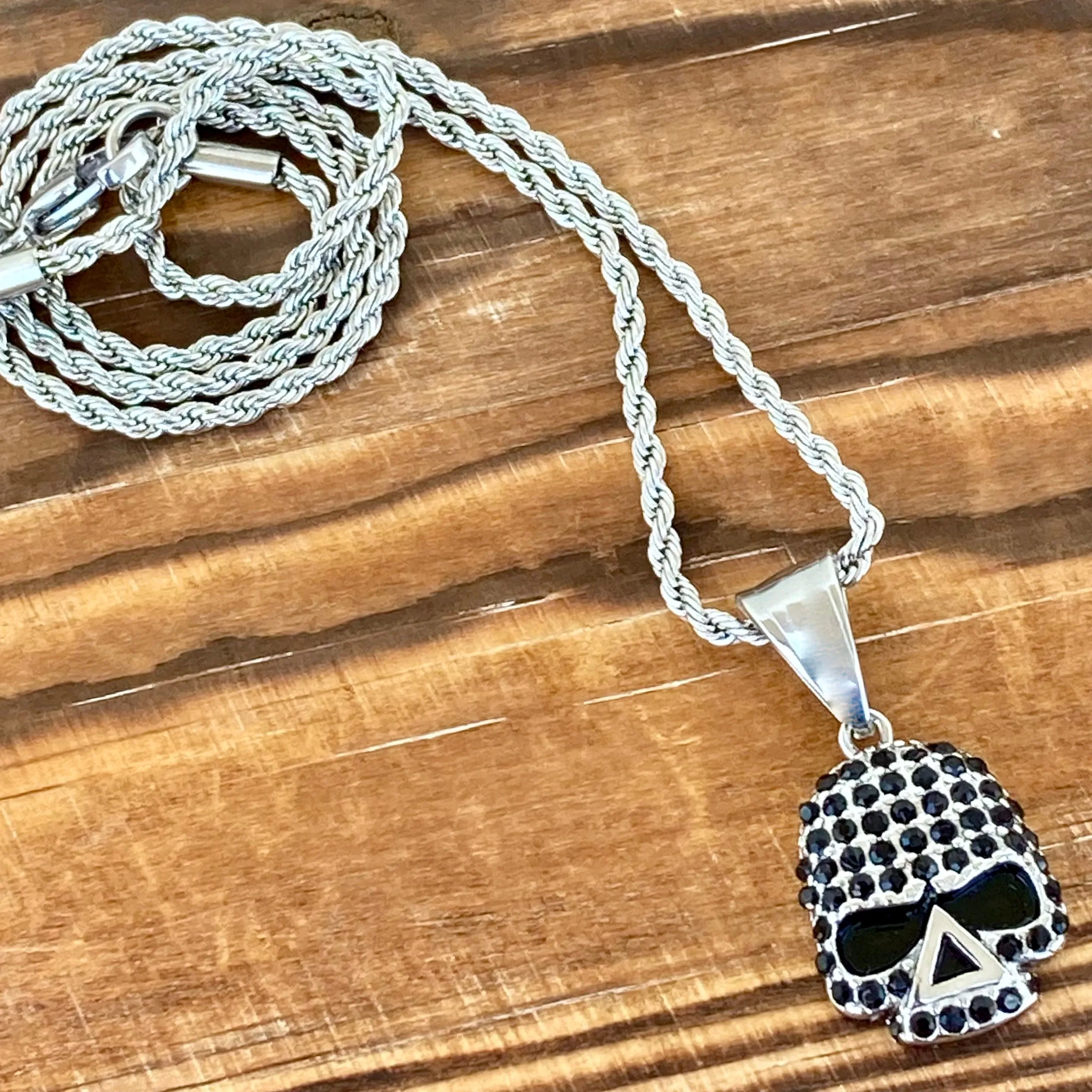 Bling Skull - Mini Pendant - Black Stone - Rope Necklace or Omega - SK2594M