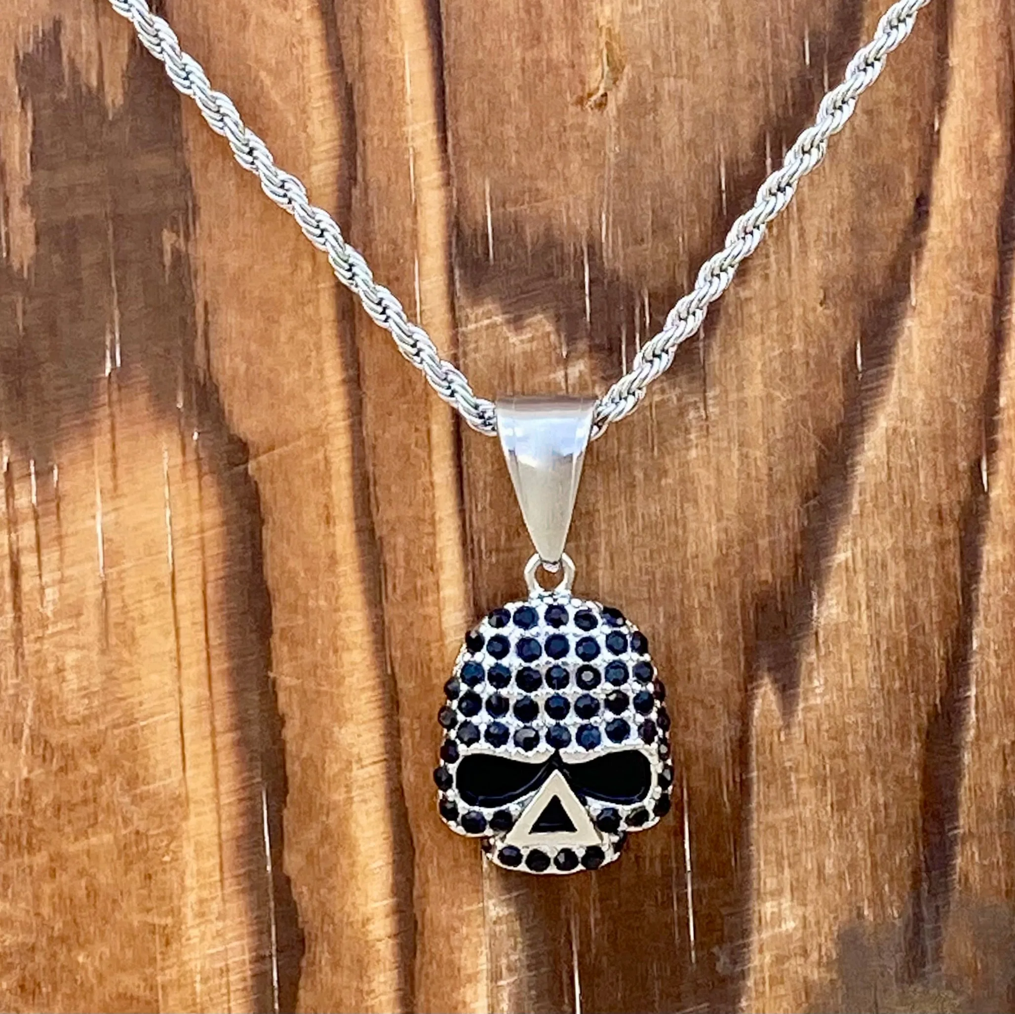 Bling Skull - Mini Pendant - Black Stone - Rope Necklace or Omega - SK2594M