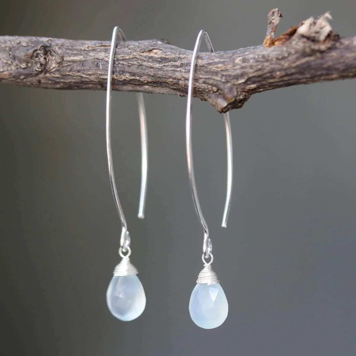 Blue chalcedony pear faceted earrings with silver wire wrapped on sterling silver marquise ear wires(FBA)