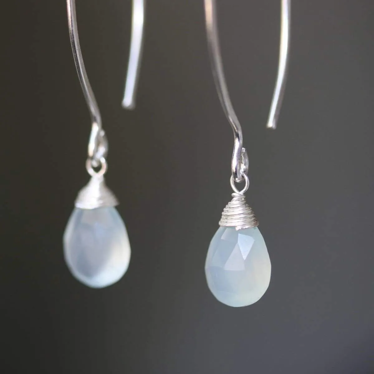 Blue chalcedony pear faceted earrings with silver wire wrapped on sterling silver marquise ear wires(FBA)