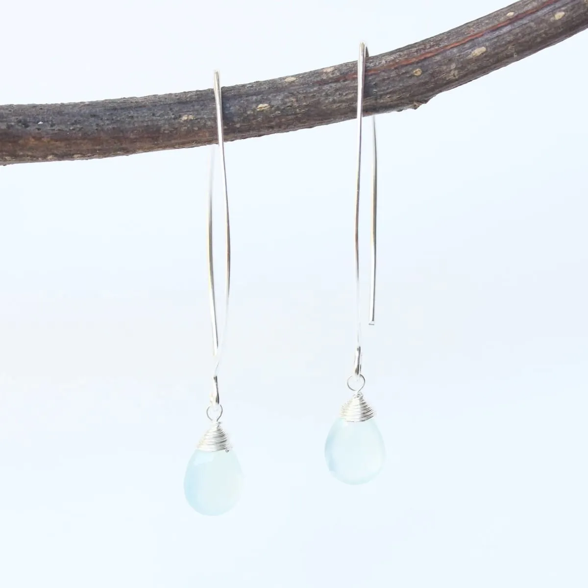 Blue chalcedony pear faceted earrings with silver wire wrapped on sterling silver marquise ear wires(FBA)