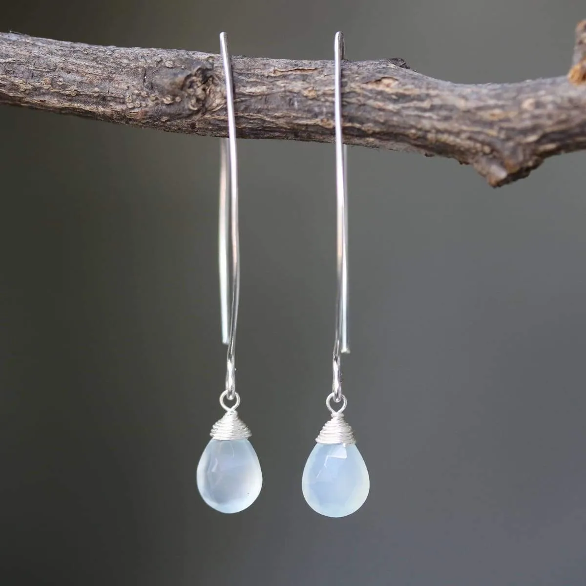 Blue chalcedony pear faceted earrings with silver wire wrapped on sterling silver marquise ear wires(FBA)