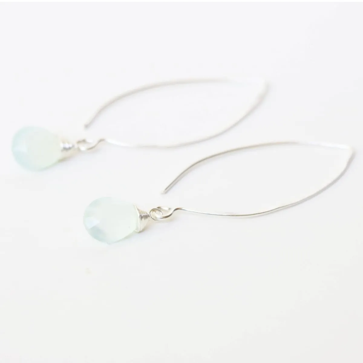 Blue chalcedony pear faceted earrings with silver wire wrapped on sterling silver marquise ear wires(FBA)