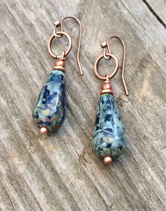 Blue dangle drop earrings, copper Czech glass earrings, copper jewelry