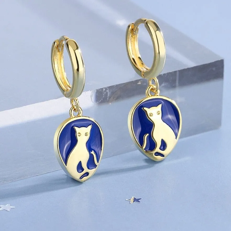 Blue Enameled Cat Design Earrings - 925 Sterling Silver