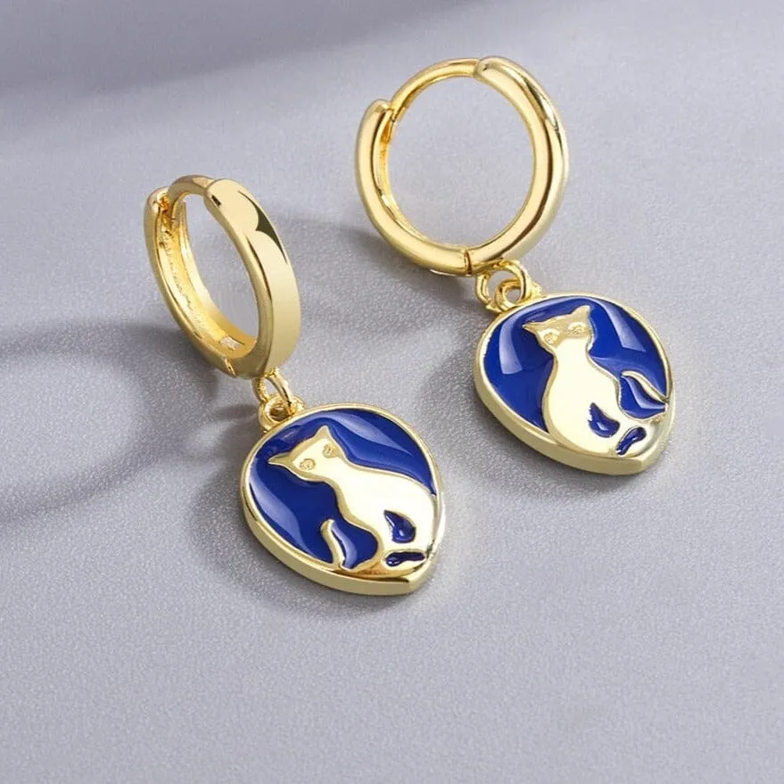 Blue Enameled Cat Design Earrings - 925 Sterling Silver