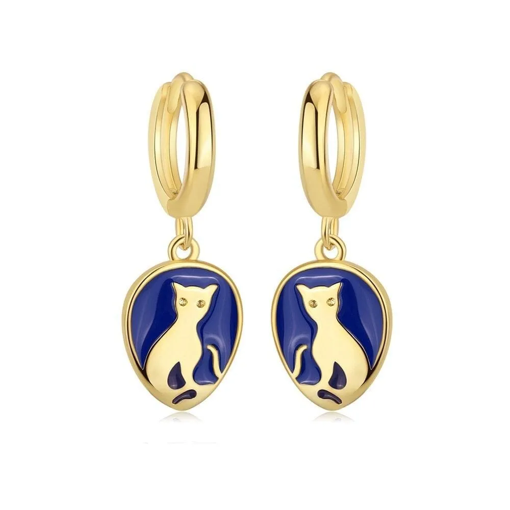 Blue Enameled Cat Design Earrings - 925 Sterling Silver