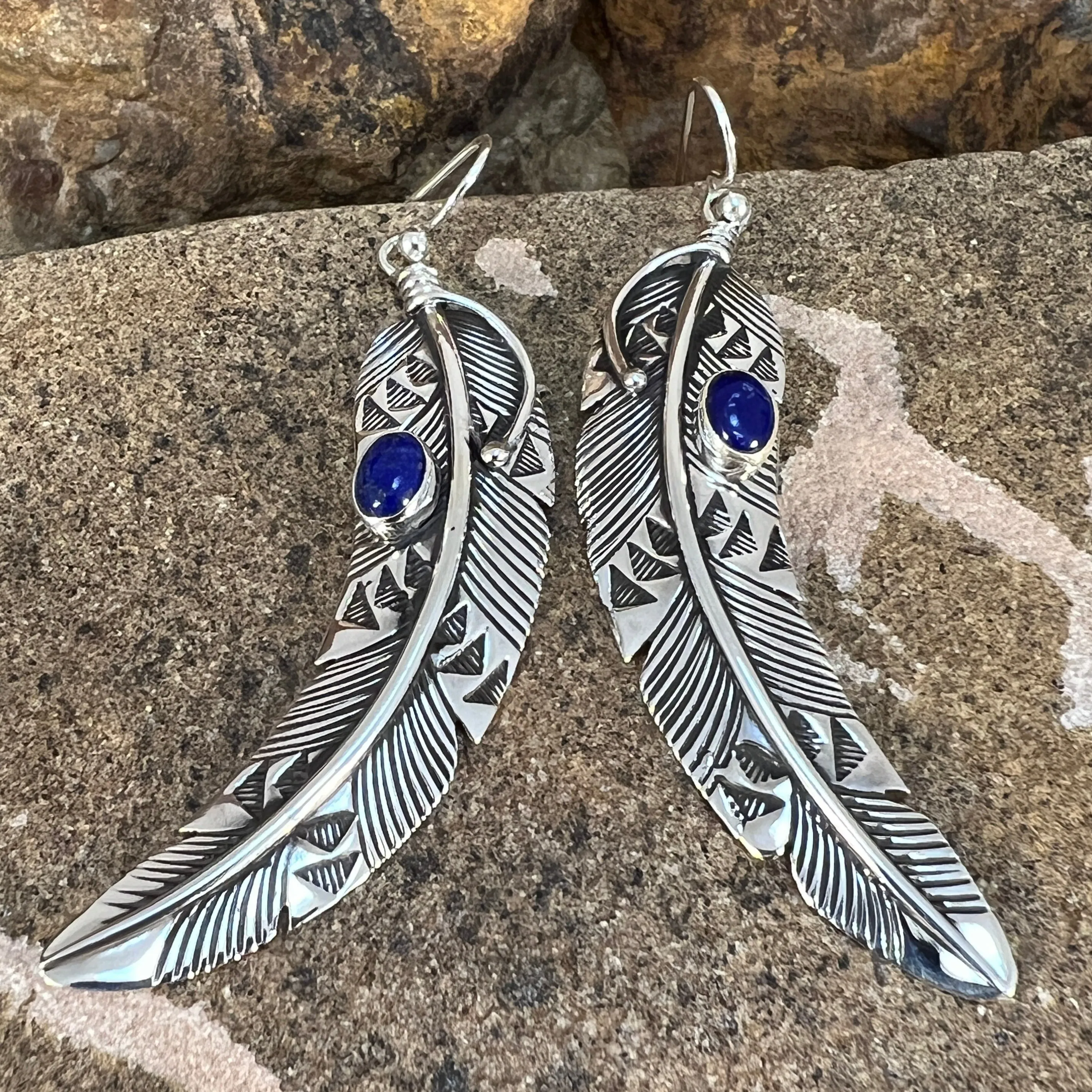 Blue Lapis Sterling Sliver Feather Earrings by Lena Platero