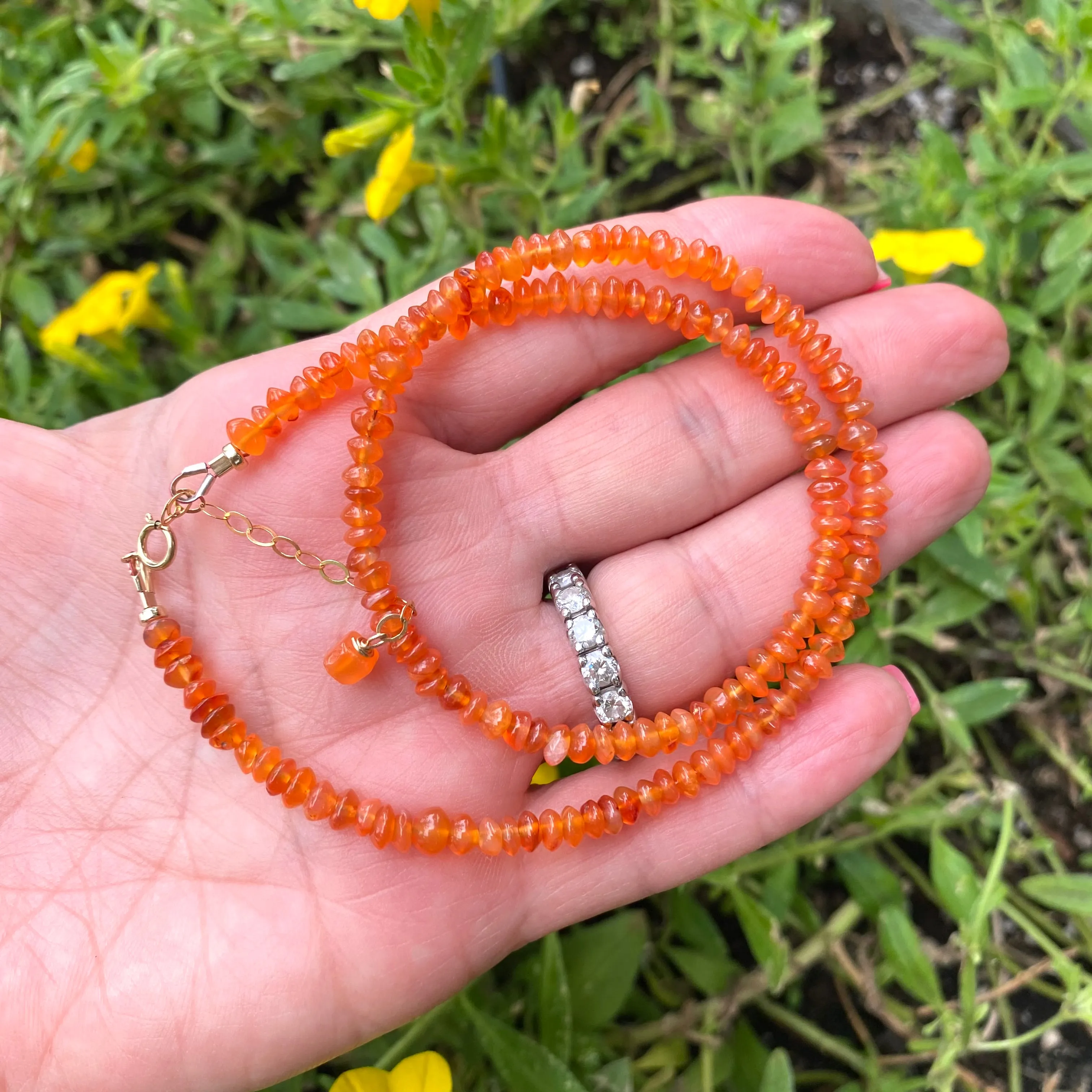 Bright Orange Carnelian Beaded Choker Necklace, Gold Filled Details, 16inch