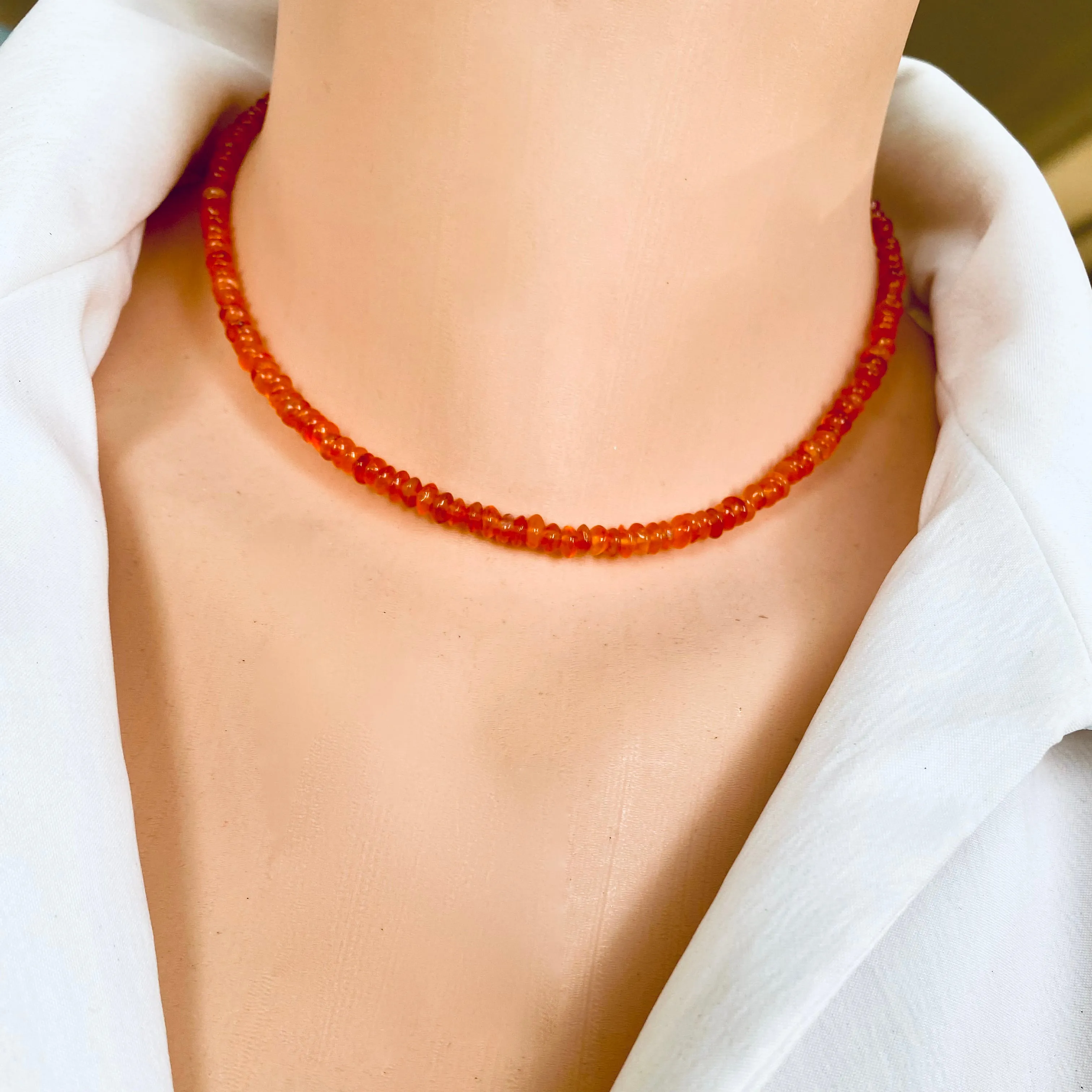 Bright Orange Carnelian Beaded Choker Necklace, Gold Filled Details, 16inch