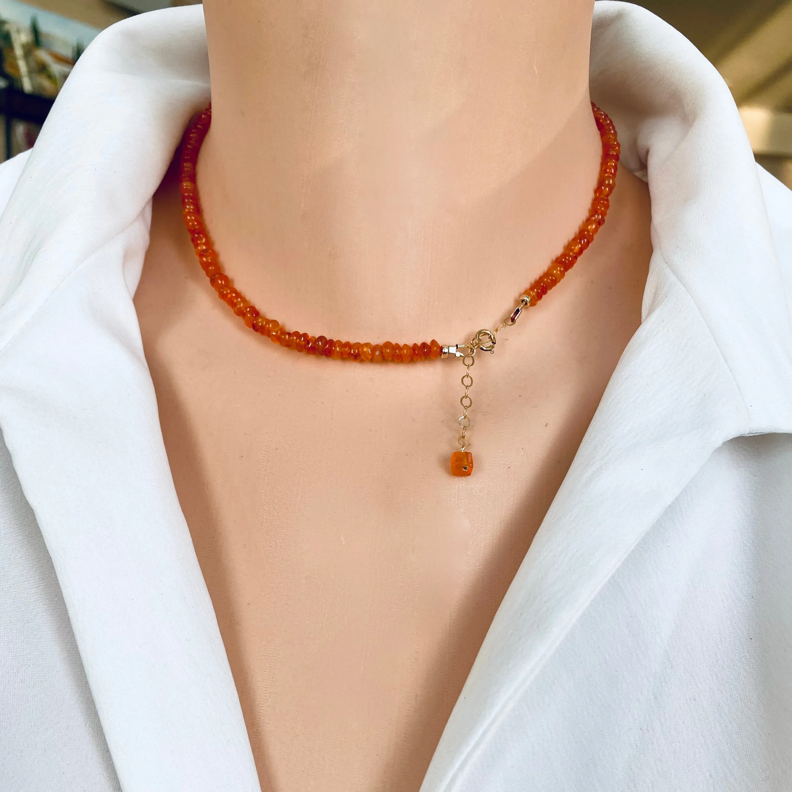 Bright Orange Carnelian Beaded Choker Necklace, Gold Filled Details, 16inch