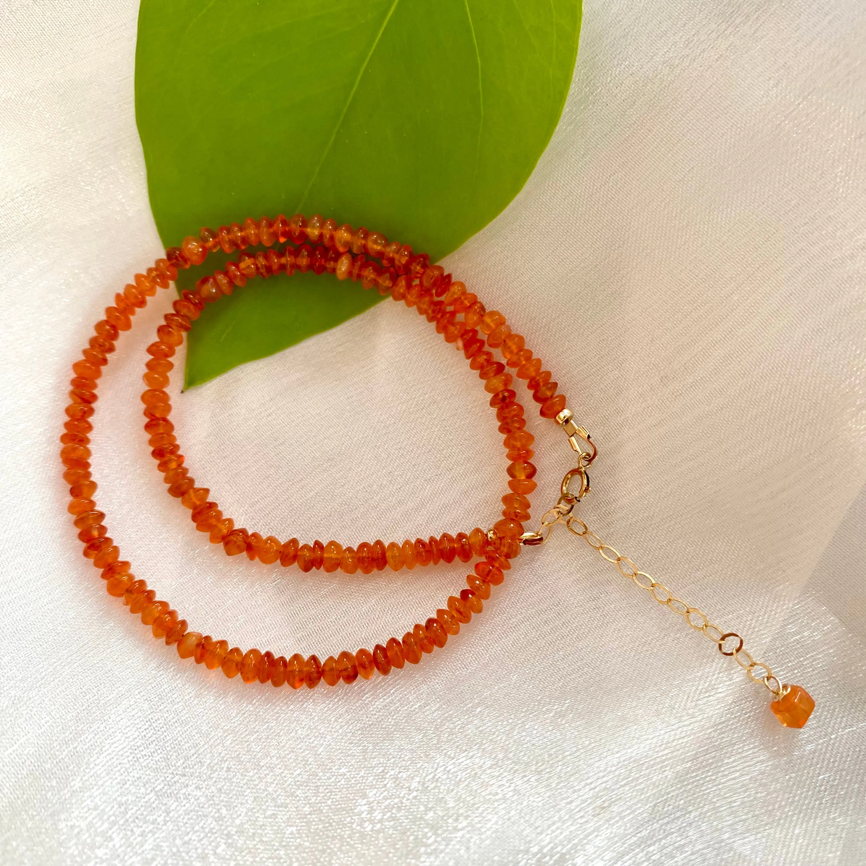 Bright Orange Carnelian Beaded Choker Necklace, Gold Filled Details, 16inch