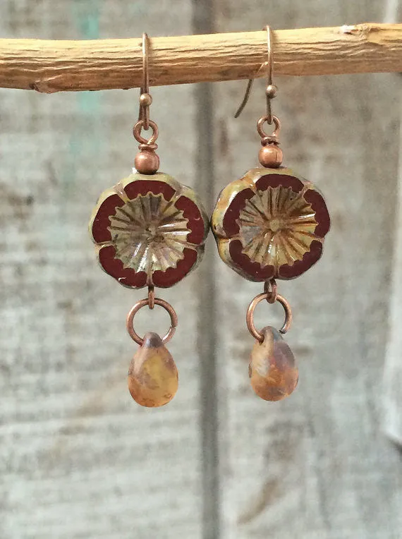 Burnt Orange Czech Glass Flower Earrings, Floral Jewelry with Copper