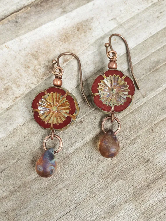 Burnt Orange Czech Glass Flower Earrings, Floral Jewelry with Copper