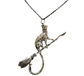 Cat On A Broomstick / Cat Jewelry / Goth Necklace / Witch Jewelry