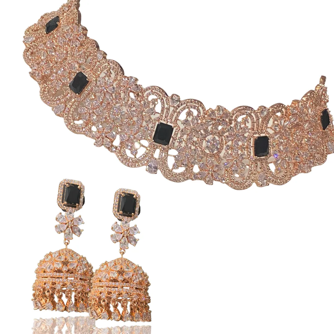 Cerise Rose Gold and Onyx Choker and Jhumka Earring Set By Jaipur Rose Designer Modern Indian Jewelry