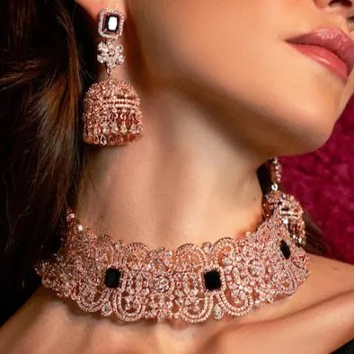 Cerise Rose Gold and Onyx Choker and Jhumka Earring Set By Jaipur Rose Designer Modern Indian Jewelry