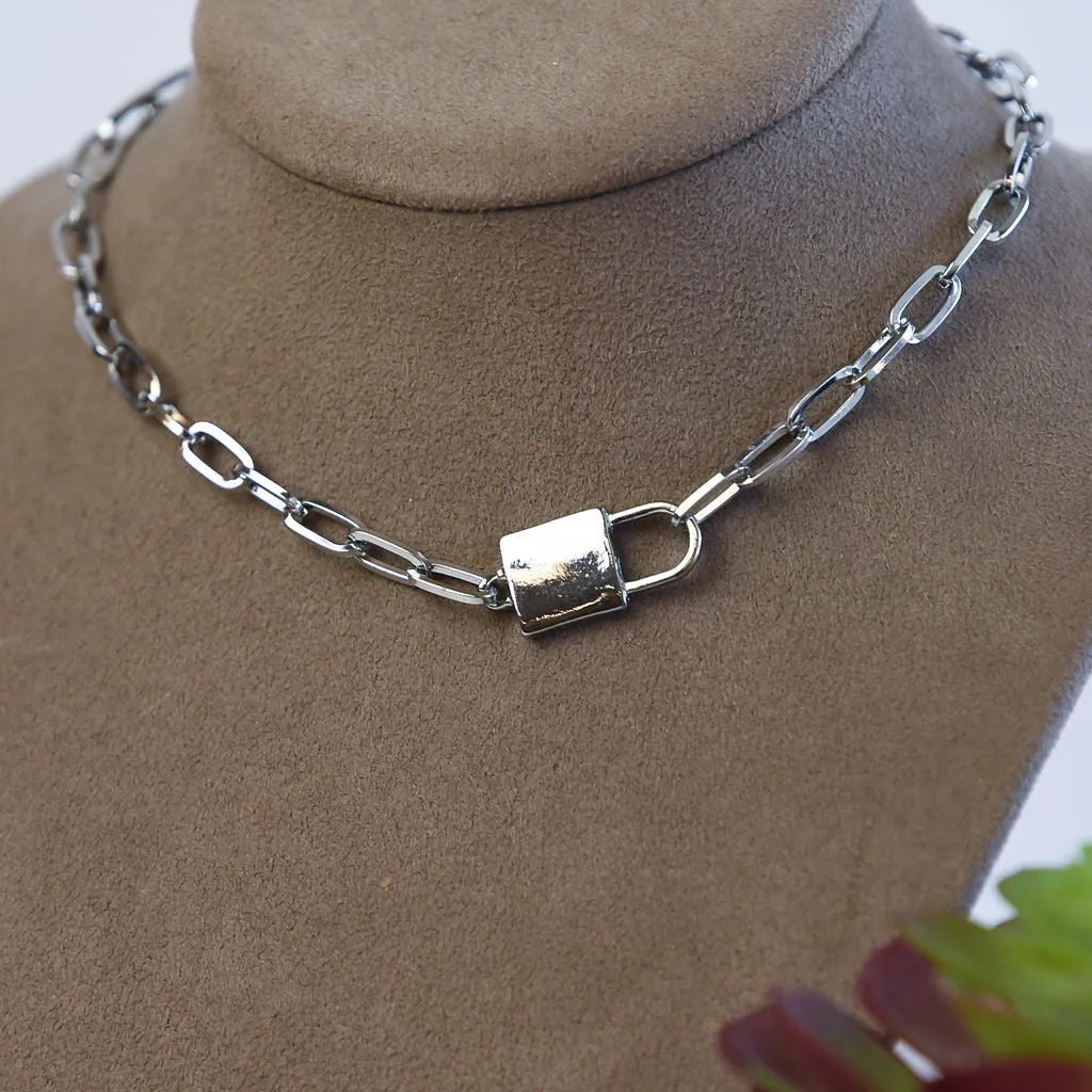 Chain Link and Lock Statement Necklace